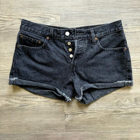 Levi’s 501 Black Jean Shorts Womens 28 Button Fly Cutoff Grunge Boho 100% Cotton - Picture 2 of 14